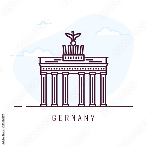 Germany city line style illustration. Famous Brandenburg gate. Architecture city symbol of Germany. Outline building. Sky clouds on background. Travel and tourism banner.