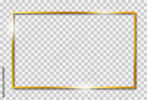 Gold shiny frame with shadow isolated on transparent background. Vector golden luxury realistic rectangle border.