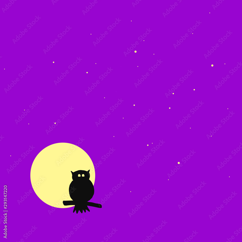 owl on branch on background of full yellow moon and night purple starry sky