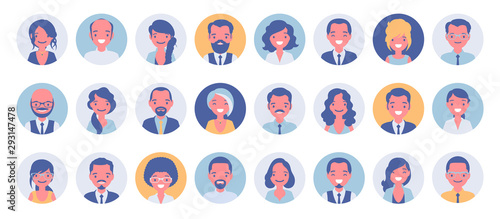 Business people avatar big bundle set. Businessmen and businesswomen face icons, character pic to represent online user in social net. Vector flat style cartoon illustration isolated, white background photo