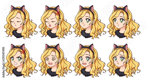 A set of cute anime girl wearing cat costume with different expressions. Blonde hair, big green eyes. Hand drawn retro anime vector illustration. Can be used for avatar, stickers, badges, prints etc.