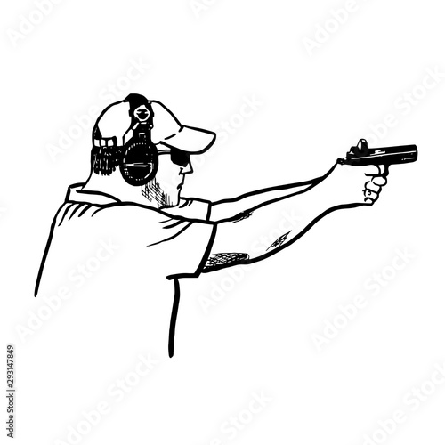 The athlete in the headphones and cap shoots a pistol. Arrow pose at competitions. Vector illustration.