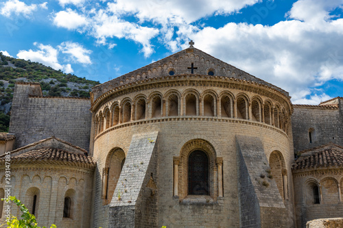 Medieval buildings of the Abbey of Saint-Guilhem-le-Desert in a small town in the south of France. It's classed as a French Historical Monument.