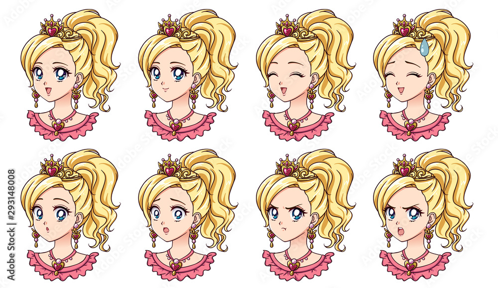 A set of cute anime princess with different expressions Blonde hair big blue eyes golden crown Hand drawn retro anime vector illustration Can be used for avatar stickers badges prints etc Stock