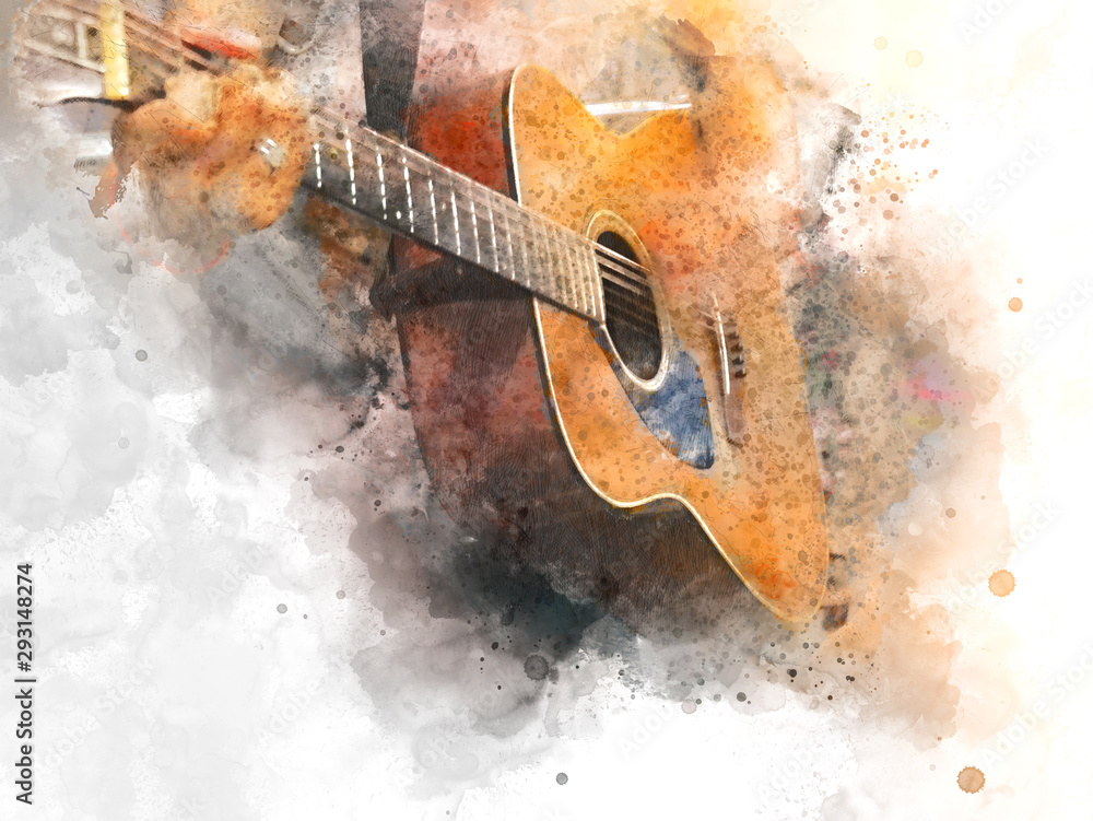 Abstract colorful shape on acoustic Guitar in the foreground on Watercolor  painting background and Digital illustration brush to art Foto, Poster,  Wandbilder bei EuroPosters