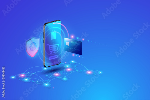 Isometric Online Shopping, Secure online payment through smartphone via credit card and personal data protection concept Mobile