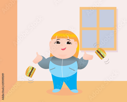 Vector illustration fat woman throws away hamburgers. Concept of Strong healthy fat woman. cartoon