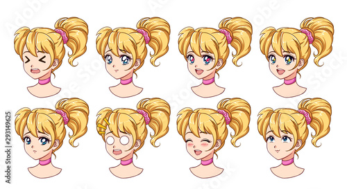 A set of cute anime girl with different expressions. Blonde hair, big blue eyes.