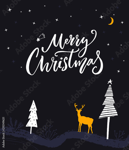 Merry Christmas greeting card. Handwritten calligraphy and flat hand drawn illustration of winter night forest with deer and spruces.