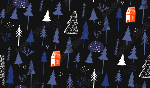 Blue winter pattern with small red house and forest. Hand drawn naked trees and spruces. Christmas texture for gift wrapping paper.