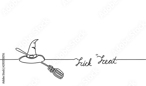 Trick or treat, broom, witch hat, Happy Halloween vector banner. One continuous line drawing background, banner, illustration. Black and white trick or treat lettering.