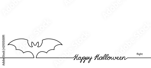 Bat vector illustration with lettering Happy Halloween. One continuous line drawing background, banner, illustration. Black and white Halloween flying bat.