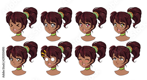 A set of cute anime girl with different expressions. Dark hair, big black eyes. Ponytail with donut. Hand drawn retro anime vector illustration . Can be used for avatar, stickers, badges, prints etc.