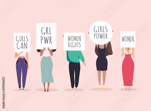 Women protesters. Vector illustration of people holding signs, banner and placards on a protest demostration or picket.