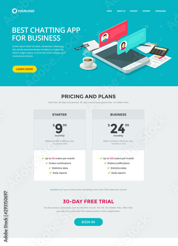 Website template design of chat messaging app for business vector layout or mockup, flat cartoon web site landing page and live chatting app on cellphone or mobile phone banner, modern pricing table