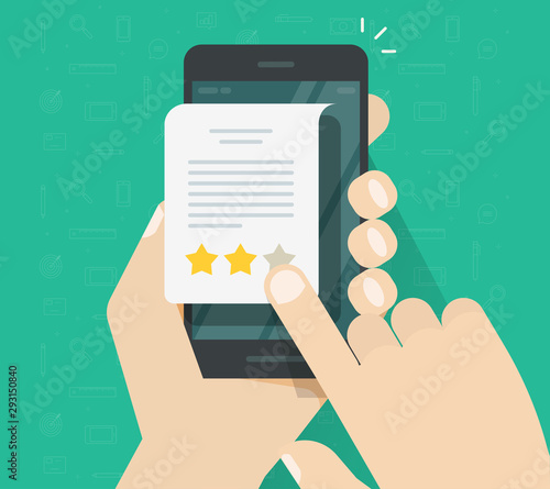 Feedback or testimonial review on cellphone vector, flat cartoon hands with mobile phone and document or message with text and rating stars, evaluation or assess of customer satisfaction image