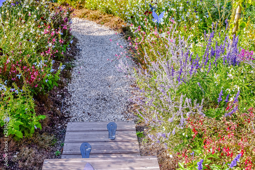 Fotografija small pebble path in a beautiful flower garden