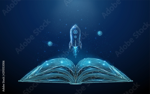 Open book and flying rocket with stars and planets.