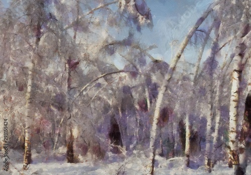 Snow-covered nature. Forests and trees. Winter painting.