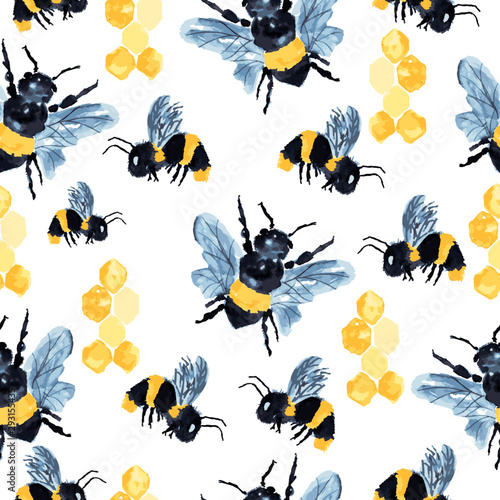 Watercolor Pattern of Majestic bees. © Joann