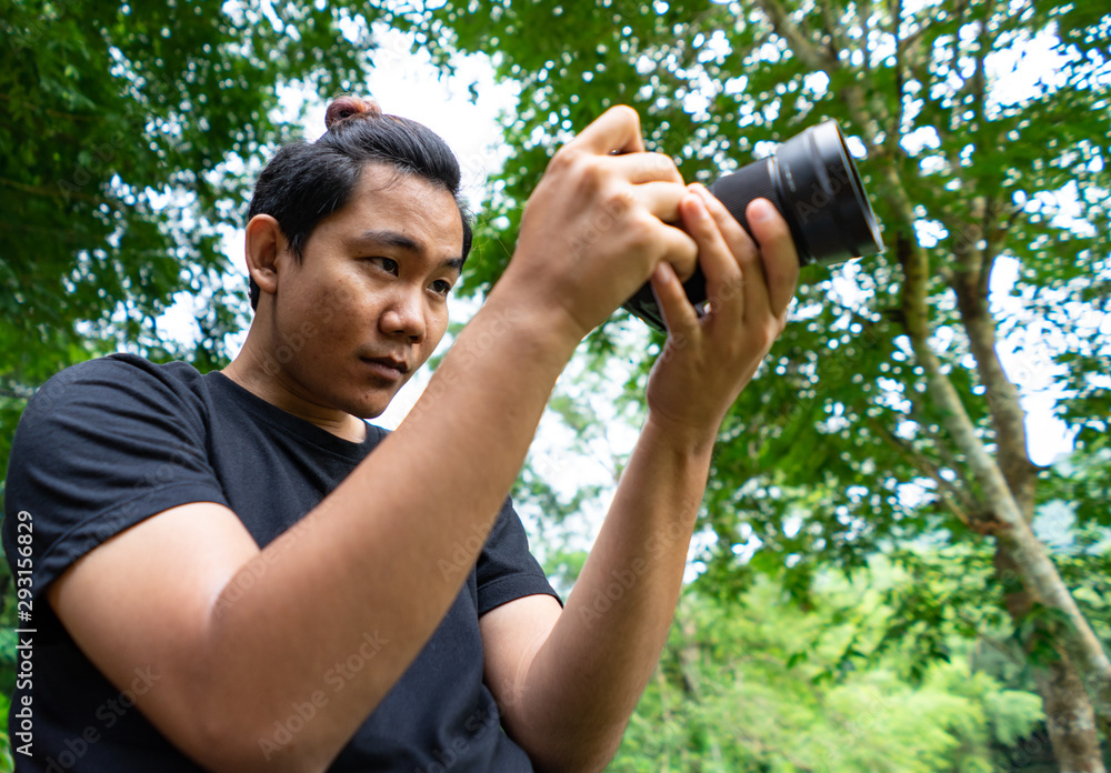 photographer in forest taking pictures. photographer in forest taking pictures.