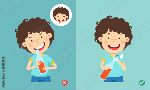 wrong and right ways for open the bottle with his teeth illustration , vector