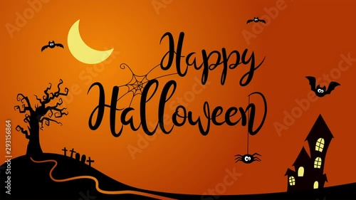 Happy Halloween animated text in a cartoon style background with bats, tree, house and spider.  photo