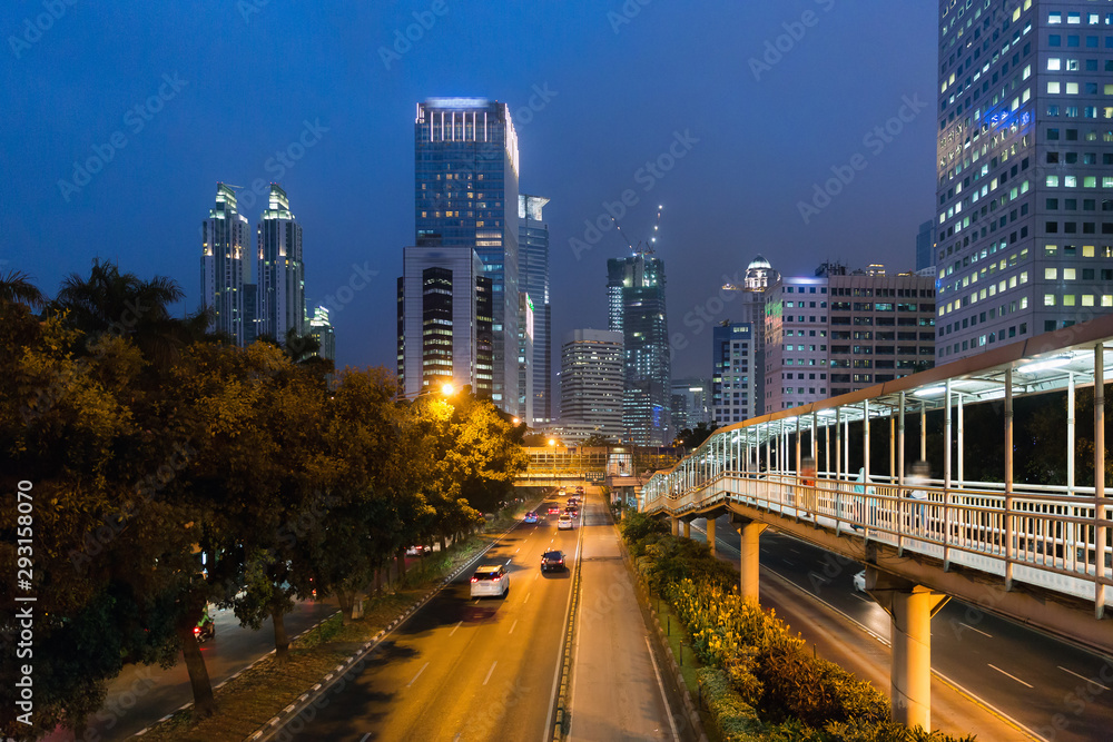 Beautiful urban cityscape of the downtown area of the city Jakarta, Indonesia, at night
