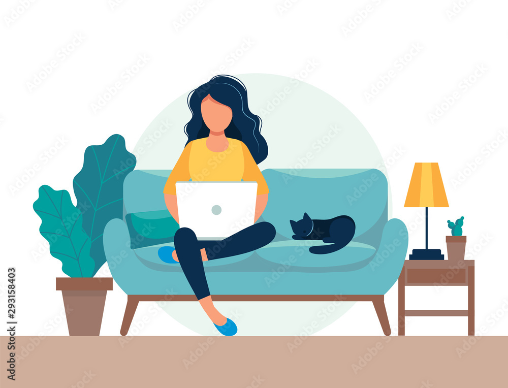 girl with laptop sitting on the chair. Freelance or studying concept. Cute illustration in flat style. - obrazy, fototapety, plakaty 