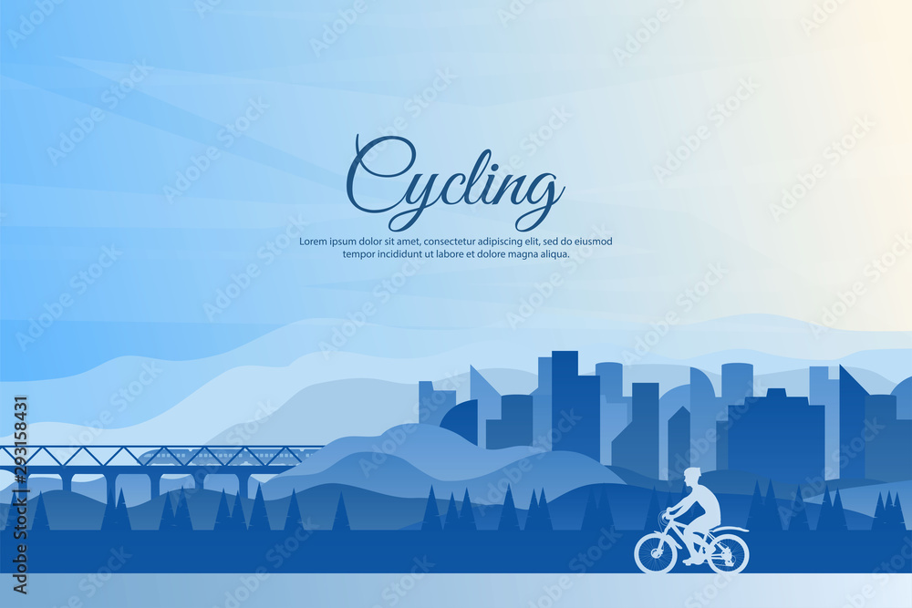 Fototapeta Vector landscape. A cyclist rides through the city. Flat style. Blue wallpapers. Silhouette of a guy on a bike. Cycling through the park. Buildings. Template with free space for text. Polygonal sky