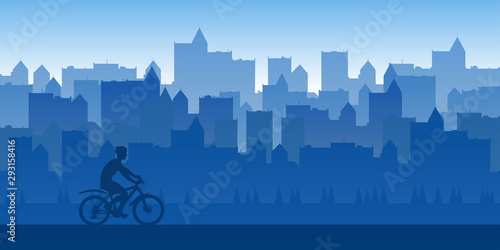 Vector landscape. A cyclist rides through the city. Flat style. Blue wallpapers. Silhouette of a guy on a bike. Cycling through the park. Buildings. Panorama
