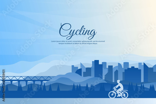 Vector landscape. A cyclist rides through the city. Flat style. Blue wallpapers. Silhouette of a guy on a bike. Cycling through the park. Buildings. Template with free space for text. Polygonal sky