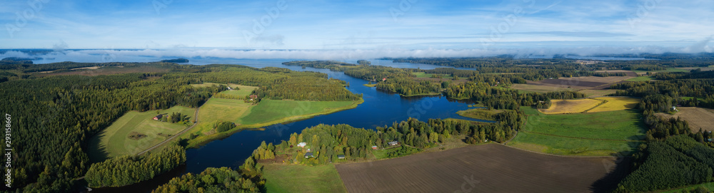 Beautiful countryside landscape with fields, river, forest and huge lake. Aerial panorama of Finland on autumn. Beautiful countryside landscape with fields, river, forest and huge lake. Aerial panorama of Finland on autumn.