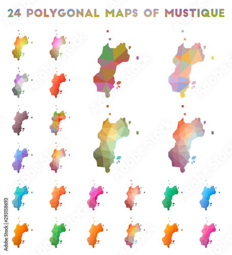 Set of vector polygonal maps of Mustique. Bright gradient map of island in low poly style. Multicolored Mustique map in geometric style for your infographics.