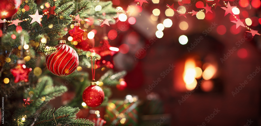 Christmas Tree with Red Balls and Stars - obrazy, fototapety, plakaty 