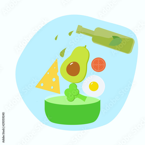 Ketogenic diet Salad with popular products for keto diet. Avocado, egg, broccoli, olive oil, tomato, cheese in salad plate. Vector illustration.