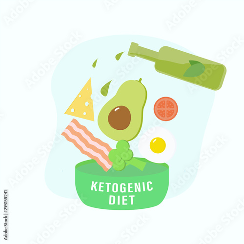 Keto diet products. Salad with popular products for ketogenic diet. Avocado, bacon, egg, broccoli, olive oil, tomato, cheese in salad plate. Vector illustration.