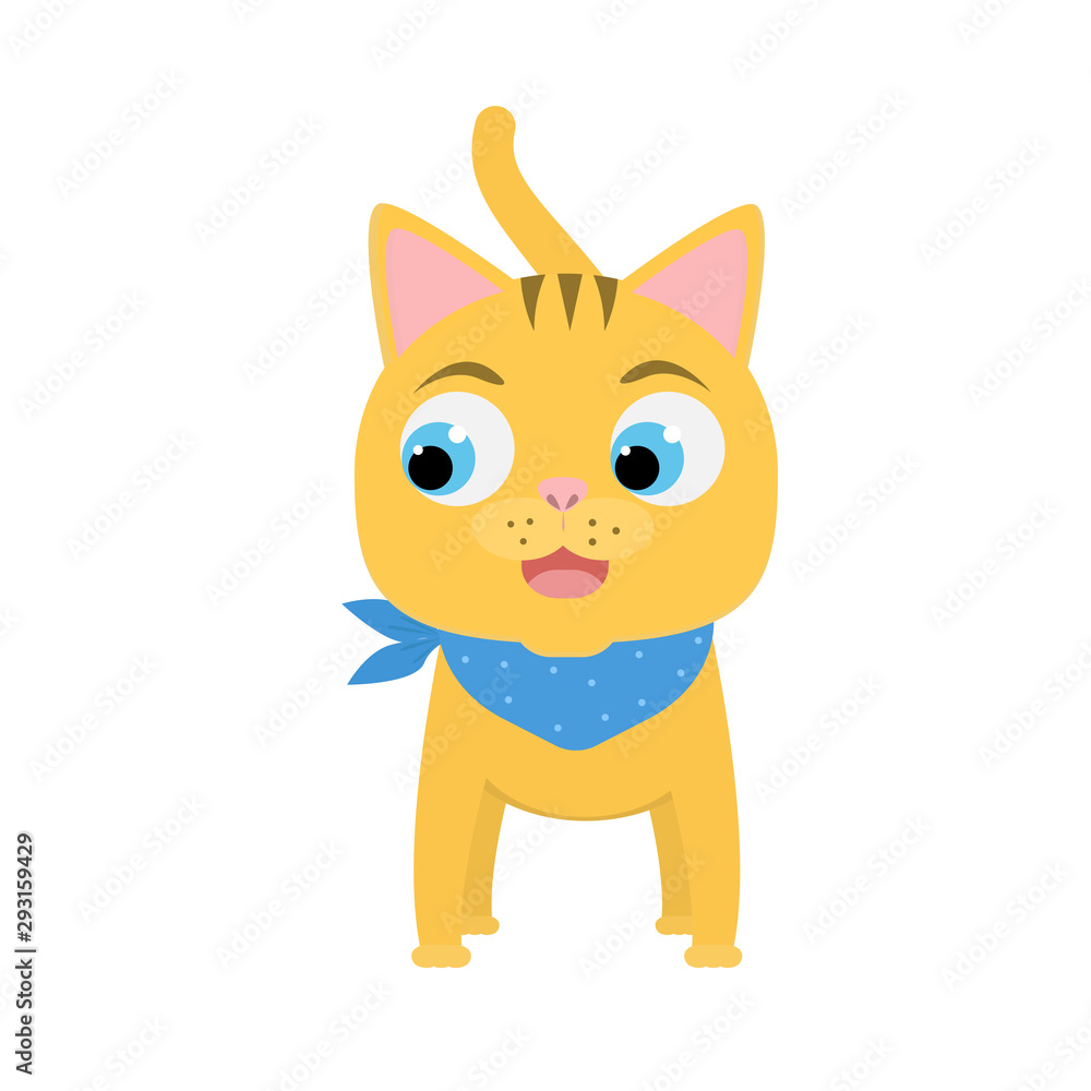 Funny happy red cat on white background. Little smiling kitten with scarf. Vector flat illustration for print. Funny happy red cat on white background. Little smiling kitten with scarf. Vector flat illustration for print.