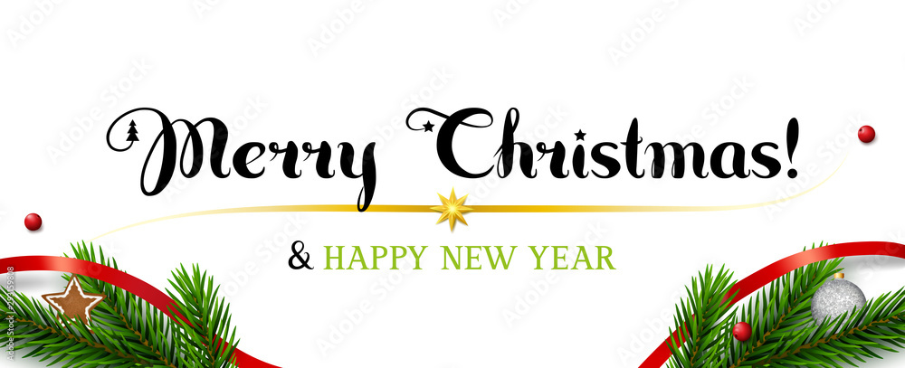 Text Merry Christmas! & Happy New Year on white background with spruce branches and red ribbon as decoration.