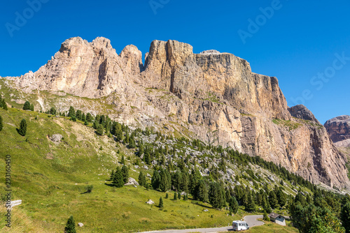 View at the Torri del Sella mountain from Sella Pass in Dolomites - Italy