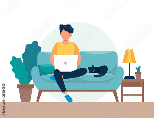 Man with laptop on the sofa. Freelance or studying concept. Cute illustration in flat style.