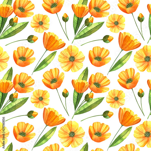Watercolor seamless pattern with buttercups, leaves and buds on the white background. Hand drawn summer background. © Victoria