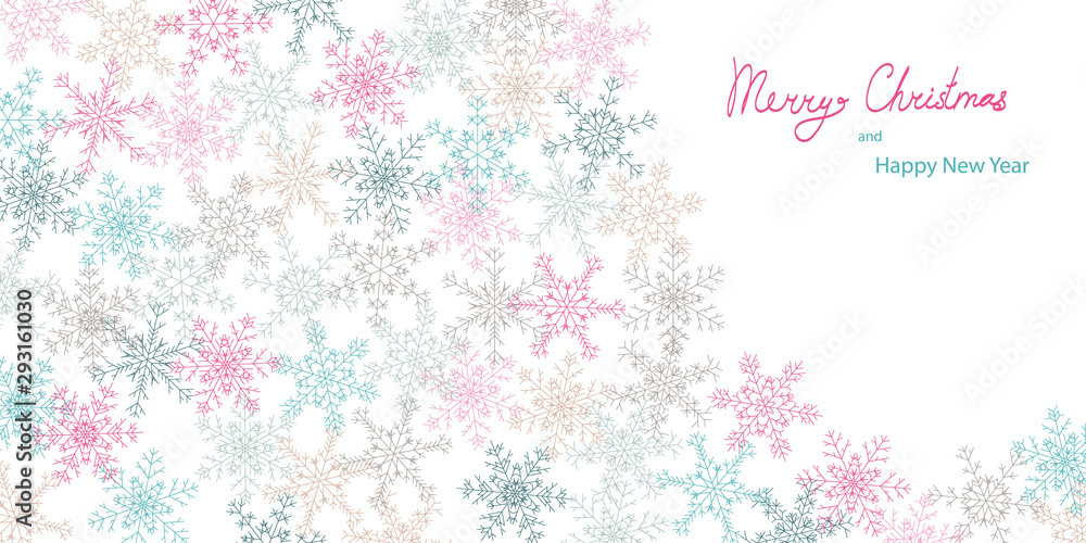 Isolated on transparent background vector Merry Christmas and Happy New Year greeting card template with snowflakes in pink, blue, grey, dark green and brown colors and lettering and place for message Isolated on transparent background vector Merry Christmas and Happy New Year greeting card template with snowflakes in pink, blue, grey, dark green and brown colors and lettering and place for message