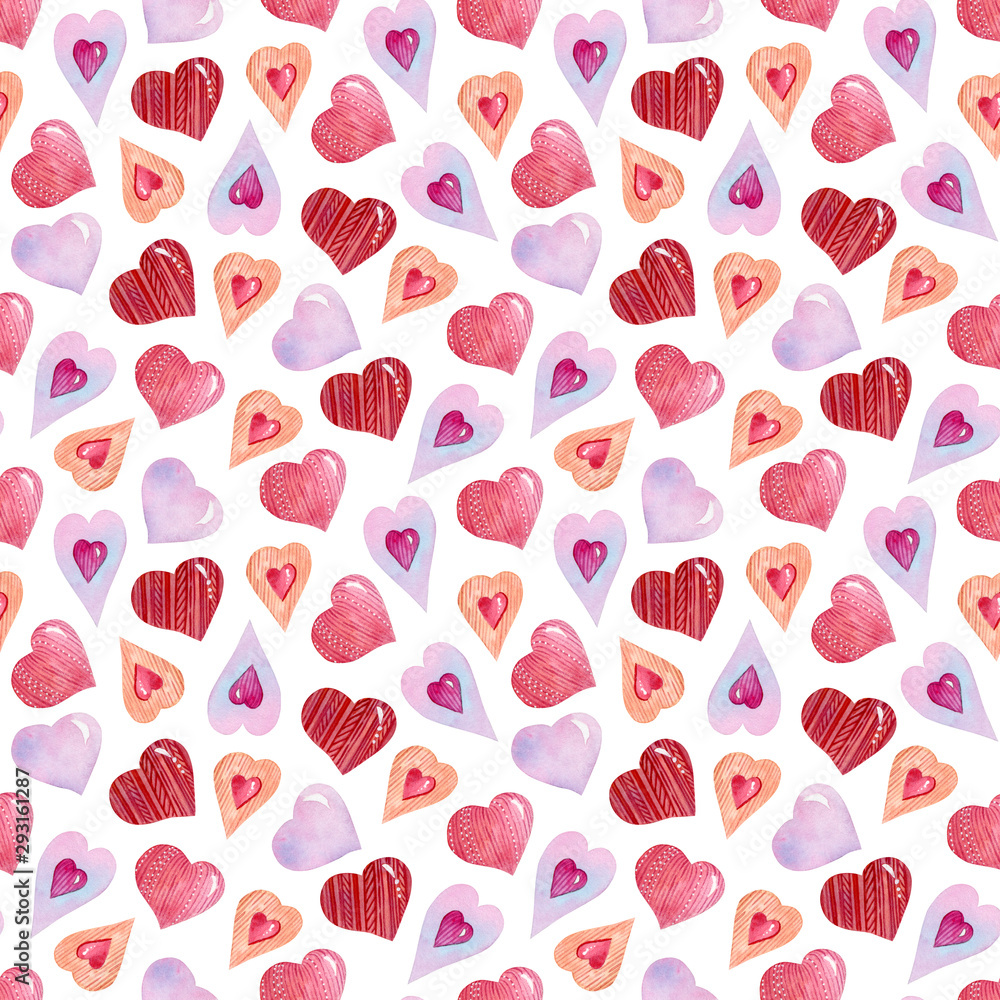 Watercolor seamless pattern with hearts on the white background. Gentle pattern for romantic decor. Watercolor seamless pattern with hearts on the white background. Gentle pattern for romantic decor.
