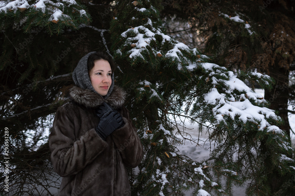 young girl in a gray fur coat in winter in the forest near the spruce young girl in a gray fur coat in winter in the forest near the spruce