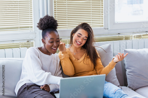 Canvas-taulu Portrait of a happy girlfriends surfing the net on laptop at home