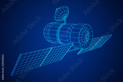 Space station communications satellite. Wireframe low poly mesh vector illustration.