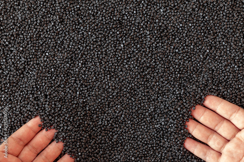 Close-up of plastic polymer granules. hand hold Polymer pellets. polymer plastic. compound polymer. photo