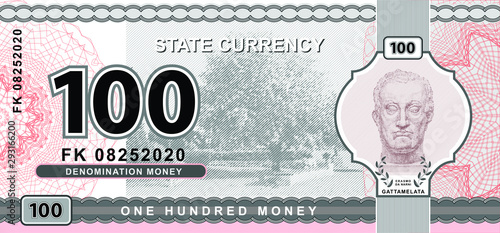 Vector money banknotes illustration with portrait of Gattamelata by Donatello. State currency. Back sides of money bills. Fake money. One hundred money
