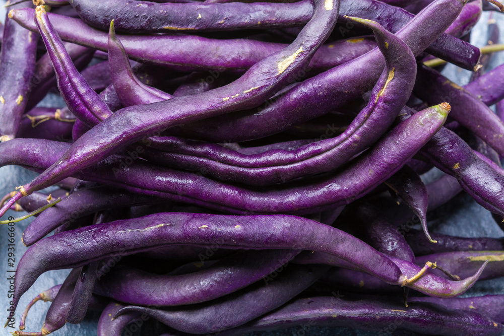 Magic colorful purple beans which turn Green after cooking, fresh healthy vegetables